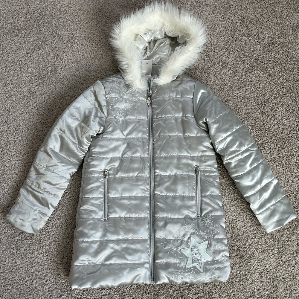Disney Silver Girls' Hooded Puffer Coat with Faux Fur Trim